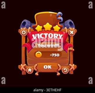 Pirate and corsair game ui menu interface, app window and buttons panel. Cartoon victory wooden screen for mobile game showing You win banner with three stars, coin reward for player level completion Stock Vector