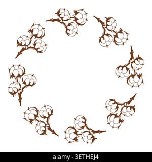 Cotton wreath with plant branch in line art style. Natural botanical circle frame with floral element. Minimalist decoration illustration for wedding Stock Vector