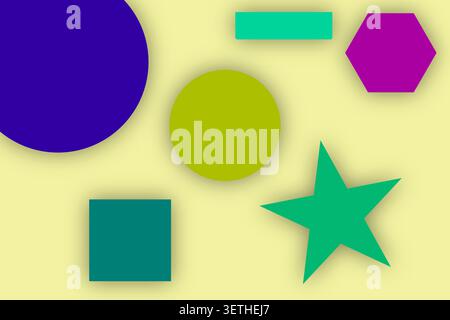 Colorful geometric shapes like circles, squares, stars, hexagons, and rectangles with soft shadows, abstract flat design. Stock Vector