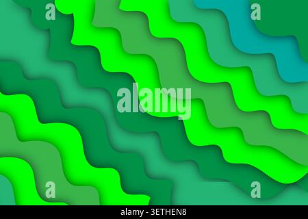 Repetitive diagonal wave pattern in various green shades. Abstract layered paper cut style with rhythmic motion. Vibrant organic flow for modern backg Stock Vector