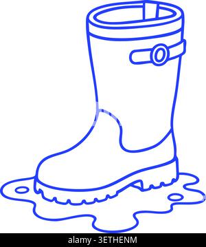 Line illustration of a tall rain boot standing in a puddle with buckle detail and rugged sole Stock Vector