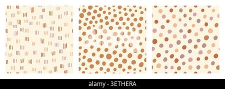 Bohemian baby pattern set with hand drawn dashes and dots in soft neutral tones. Minimalist seamless nursery design perfect for baby textiles, fabric, wallpaper, wrapping paper, apparel and kids decor Stock Vector