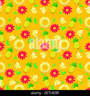 Vibrant vector illustration of whole pineapples, slices, and red flowers in a repeating pattern. Stock Vector