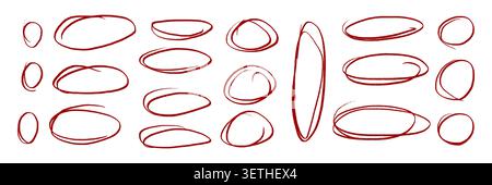 Hand drawn crayon ovals and circles. Ellipses pencil doodle style set. Red round rough thin frames. Round freehand shapes, emphasis highlights. Vector elements for hand drawn diagrams Stock Vector