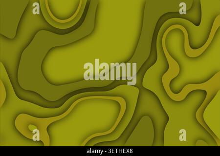 Abstract paper cut out background features various shades of olive green, creating a smooth and organic layered design with soft shadows and a modern Stock Vector