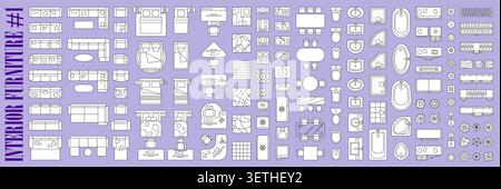 Interior and furniture top view floor plan icons showing living room, bedroom, kitchen and bathroom elements for architectural layouts and space planning with beds, sofas, chairs, tables and bathtubs Stock Vector