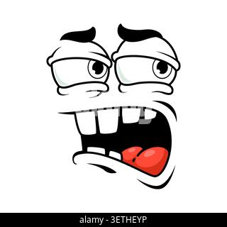 Funny cartoon face showing furious and outraged emotion. Comic emoji character with heavy squinting eyes, deep furrowed brows and wide screaming mouth with teeth and red tongue. Anger emotion for game Stock Vector