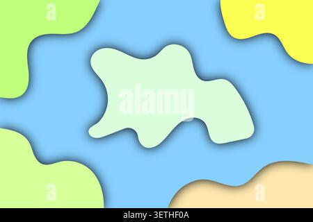 Organic fluid shapes in pastel green and yellow with soft shadows. Floating on a clear blue backdrop. Abstract modern design. Stock Vector