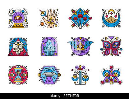 Esoteric mystic tarot card line symbols, boho tattoo spiritual signs. Crystal ball with all seeing eye, palmistry hand, mushrooms. Crescent moon, skull, crystals, and butterfly, hourglass, ufo, scales Stock Vector