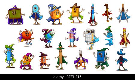 Halloween groovy school supply characters of retro hippie stationery vector personages in witch and wizard hats. Cartoon y2k book, pencil, pen and ruler. Funny groovy globe and calculator characters Stock Vector