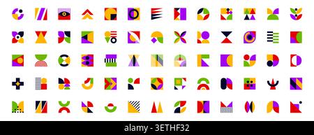 Geometric elements, abstract vector shapes with bold vibrant colors, squares, circles, triangle and petal figures with clean lines. Mosaic blocks, retro modern graphic elements and brutal figures Stock Vector