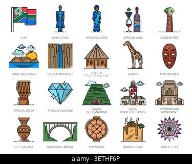 South Africa travel and culture line vector icons set. National symbols, landmarks, traditional clothing, food, animals, nature and heritage elements. Flag, people, architecture and famous places Stock Vector