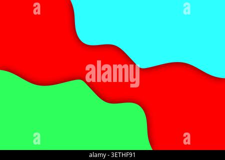 Overlapping wavy shapes in red, cyan, and green create a dynamic abstract background with sense of movement and depth Stock Vector