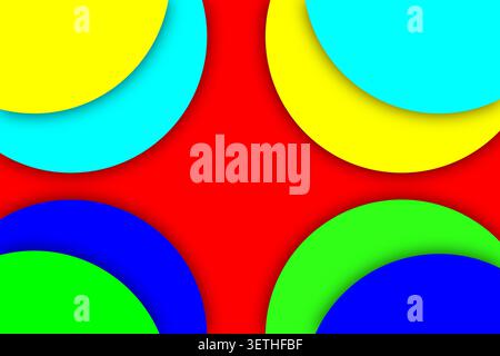 Geometric composition with yellow cyan blue and green circular layers. Hard shadows creating depth on red surface. Vibrant primary colors for bold vis Stock Vector