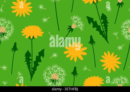 seamless pattern with dandelion bud, flowers and flying seeds on green, elegant floral pattern perfect for fabric, wallpaper, wrapping paper, textile Stock Vector