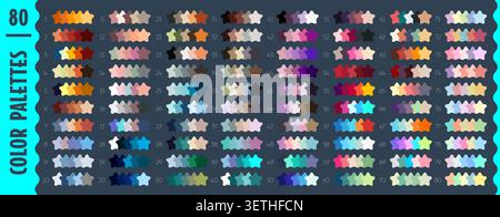 Star shape rgb neutral warm, cool, pastel and vibrant color harmony palette swatches. Colorful paint hues spectrum arranged in grid chart. Brush samples for design, fashion or illustration painting Stock Vector