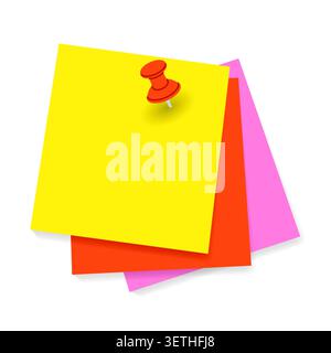 push pin holding colorful paper notes, perfect for reminders, notes, calendars, office projects, presentations, websites, apps, and digital designs - Stock Vector
