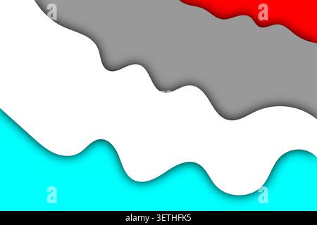 Abstract composition showing vibrant flowing waves in turquoise and red combined with neutral white and gray paper layers creating clean modern aesthe Stock Vector
