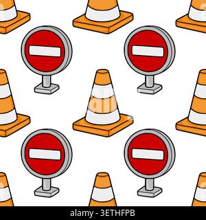 Seamless vector pattern of orange traffic cones and red no entry signs on white background Stock Vector
