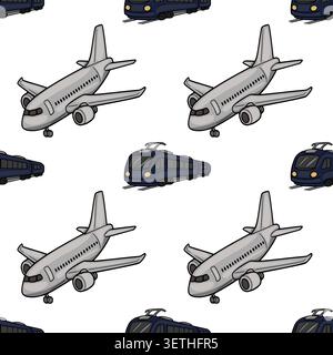 Seamless vector pattern of cartoon airplanes and modern trains on a white background Stock Vector