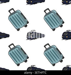 Seamless vector pattern of blue suitcases and modern trains on white background Stock Vector