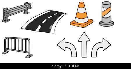 Set of vector road safety and traffic control elements, including barriers, cones, and directional arrows Stock Vector