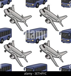 Seamless vector pattern of stylized airplanes and buses in a flat design, perfect for transportation themes. Stock Vector