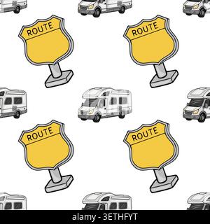 Seamless vector pattern of white recreational vehicles and yellow route signs on a white background Stock Vector