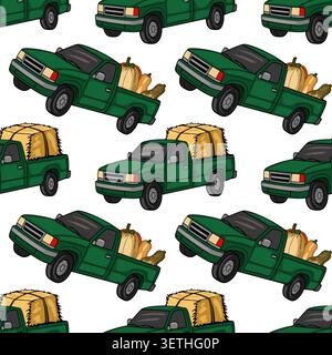 Seamless vector pattern of green pickup trucks loaded with pumpkins and hay bales Stock Vector