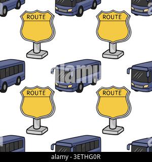 Seamless vector pattern of blue buses and yellow route signs on a white background Stock Vector