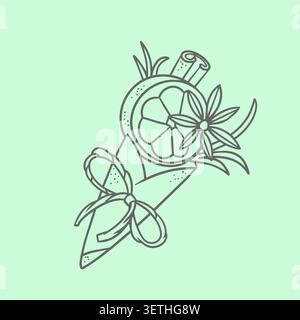 Christmas winter spice bouquet with orange slice cinnamon stick star anise ribbon bow vector illustration. Festive holiday design element for greeting Stock Vector