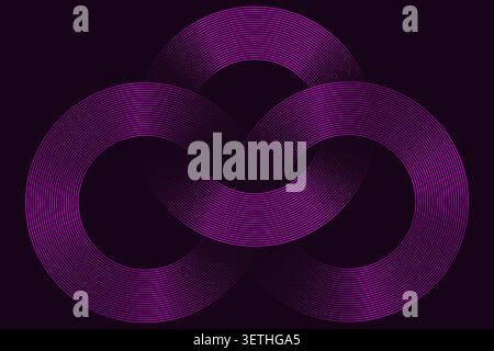 Three overlapping rings forming abstract knot, seamless pattern, smooth curves, vibrant purple lines, digital art, clean graphic Stock Vector