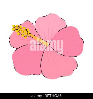 Doodle pink hibiscus flower vector illustration. Tropical blossom isolated on white background. Hand drawn paradise flower for fashion, print Stock Vector