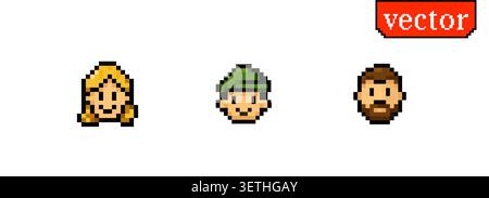 Pixel character avatar icons featuring woman worker and bearded man in retro game style Stock Vector