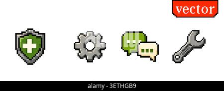 Pixel safety and maintenance icons featuring shield settings chat communication and wrench tools in retro game style Stock Vector