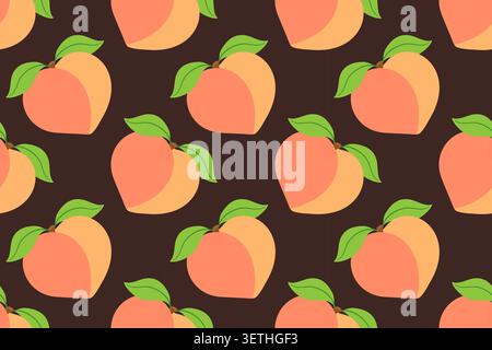 Vibrant seamless pattern with peaches and fresh green leaves on dark chocolate brown background. High contrast tropical fruit vector repeat texture for kids apparel, fabrics, sweet food packaging. Stock Vector