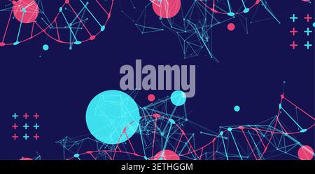 Abstract vector futuristic DNA helix structure with digital plexus network on dark background. Stock Vector