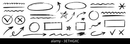 Line arrow brush doodle set. Hand drawn line arrow brush underline marker check pen highlight texture. Crayon chalk scribble circle curve star wave squiggle grunge background. Vector illustration Stock Vector