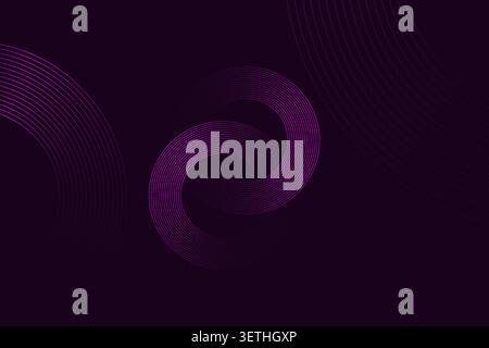 Abstract magenta circles overlap in dark space creating glowing rings. Symmetrical geometric art with thin concentric arcs. Deep plum tones provide lu Stock Vector