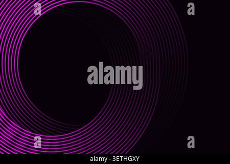 Abstract circular motion design featuring glowing purple stripes twisting into spiral shape with soft gradients and elegant black void in center for c Stock Vector