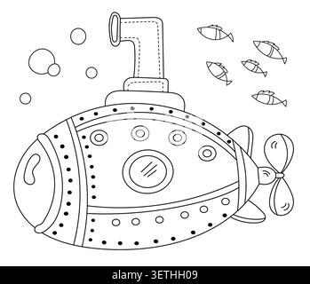 Cartoon-Style Submarine Coloring Page For Kids Stock Vector