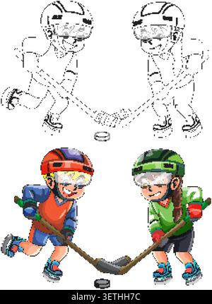 Two children play ice hockey in colored and black and white line art vector styles Stock Vector