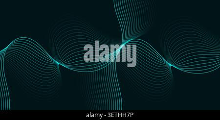 Abstract swirling lines of bright turquoise create a dynamic fluid motion effect on a dark blue background. Modern, energetic, and visually striking d Stock Vector