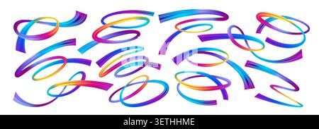 Rainbow gradient flow set isolated on white background. Colorful wave ribbons with dynamic brush strokes create modern abstract design elements Stock Vector
