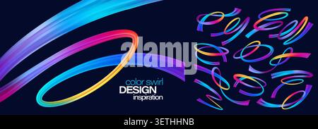 Rainbow gradient wave ribbons flowing in dynamic patterns. Colorful abstract brush strokes create modern graphic elements with vibrant swirls and Stock Vector