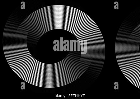Swirling lines creating abstract spiral shapes on black background, dynamic motion, circular design, modern art, clean graphics Stock Vector