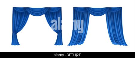 Elegant blue velvet stage curtains with realistic fabric folds. Luxury theater drapes for cinema, opera, or theatrical show backgrounds. Perfect for Stock Vector