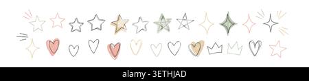 Hand drawn doodle icons of stars, hearts, crowns and sparkles in soft pastel colors on a white background. Cute sketch set for design, decoration Stock Vector