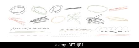 Set of hand drawn pencil and pastel doodles, circles, scribbles, lines and wavy strokes on a white background. Simple sketch elements for design Stock Vector