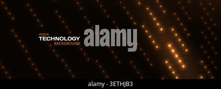 Abstract dark digital technology background with diagonal gold glowing data particles flow. Big data analytics concept tech wide banner. Vector Stock Vector